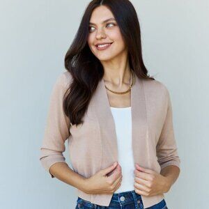 Doublju My Favorite Full Size 3/4 Sleeve Cropped Cardigan in Khaki